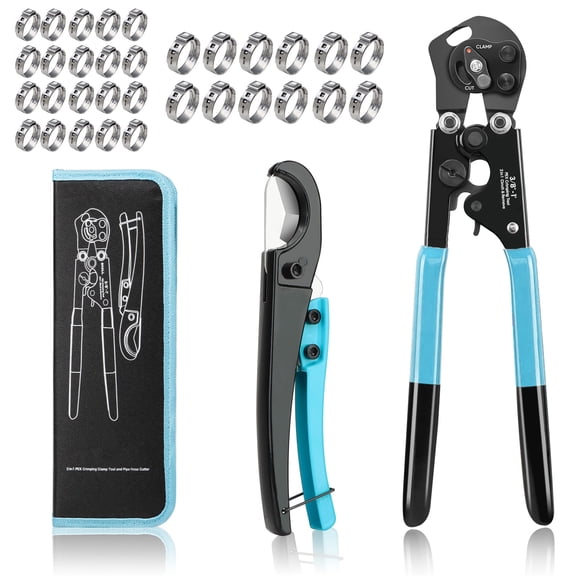 SHALL 2 IN 1 Ratchet Pex Crimping Tool, Cinch & Remove Pex Crimp Tool Kit for 3/8" to 1", Pex Crimper with Pipe Cutter and Stainless Steel Clamps Including 1/2" 20PCS , 3/4" 10PCS with Storage Bag