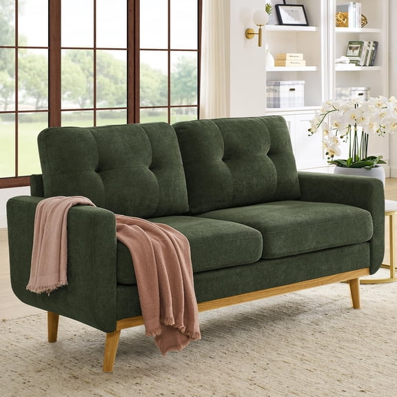 67.7''Mid-Century Modern Sofa Couch, Upholstered Tufted Loveseat Sofa with Solid Wood Legs, 2 Seat Small Couch with Thick Padded Cushions Comfy Couches for Small Spaces Bedroom Living Room, Green