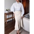 thumbnail image 5 of Women High Waist Front Center Slit Hem Faux PU Leather Fitted Mermaid Midi Skirt Khaki S, 5 of 9