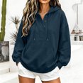 thumbnail image 5 of Feancey Women's Quarter Button Hoodie Sweatshirt Long Sleeve Drawstring Oversized Hoodies Lightweight Loose Fit Long Sleeve Hooded Pullover Tops with Kangaroo Pocket Navy L, 5 of 9