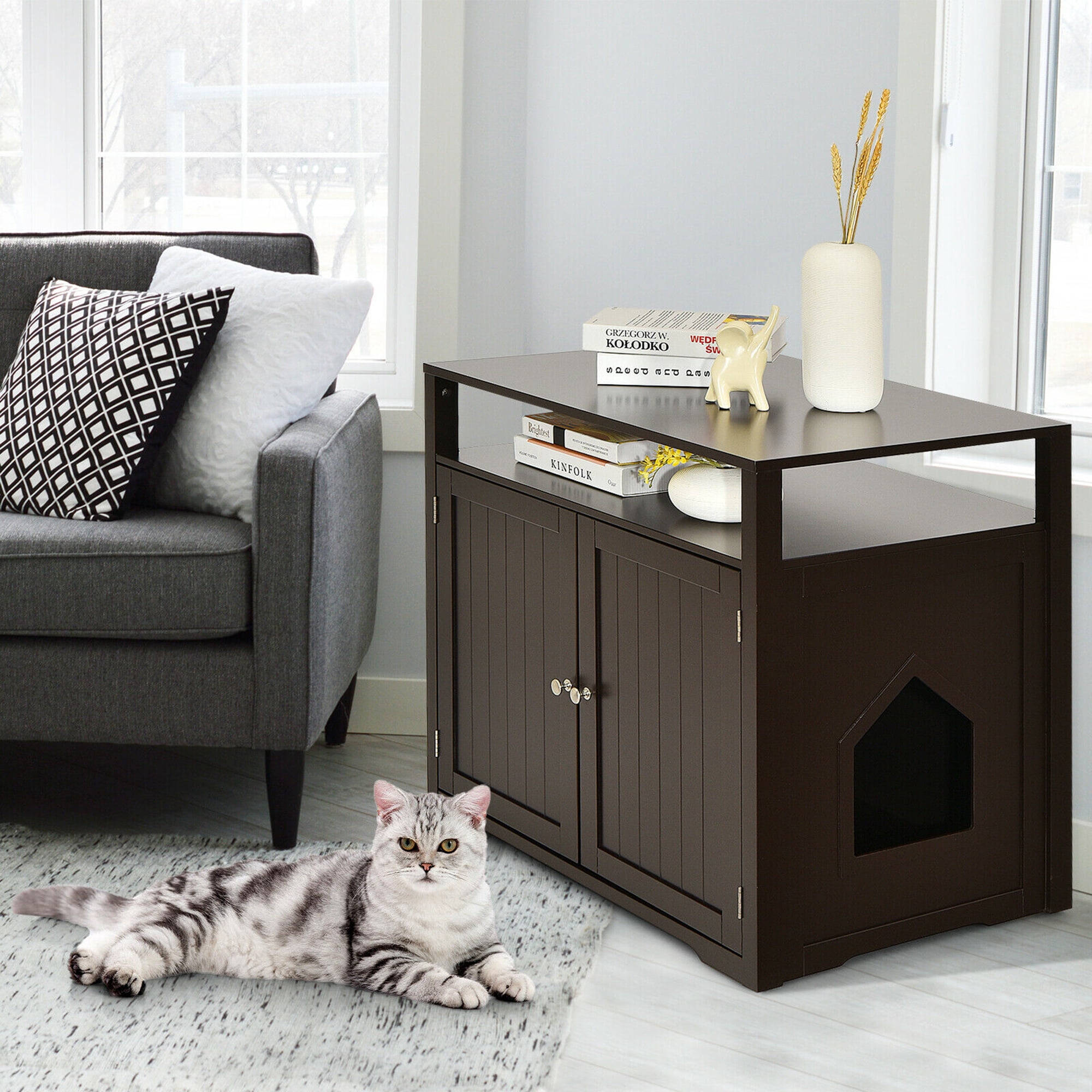 Gymax Brown Wooden Cat Litter Box Enclosure with Storage Layer