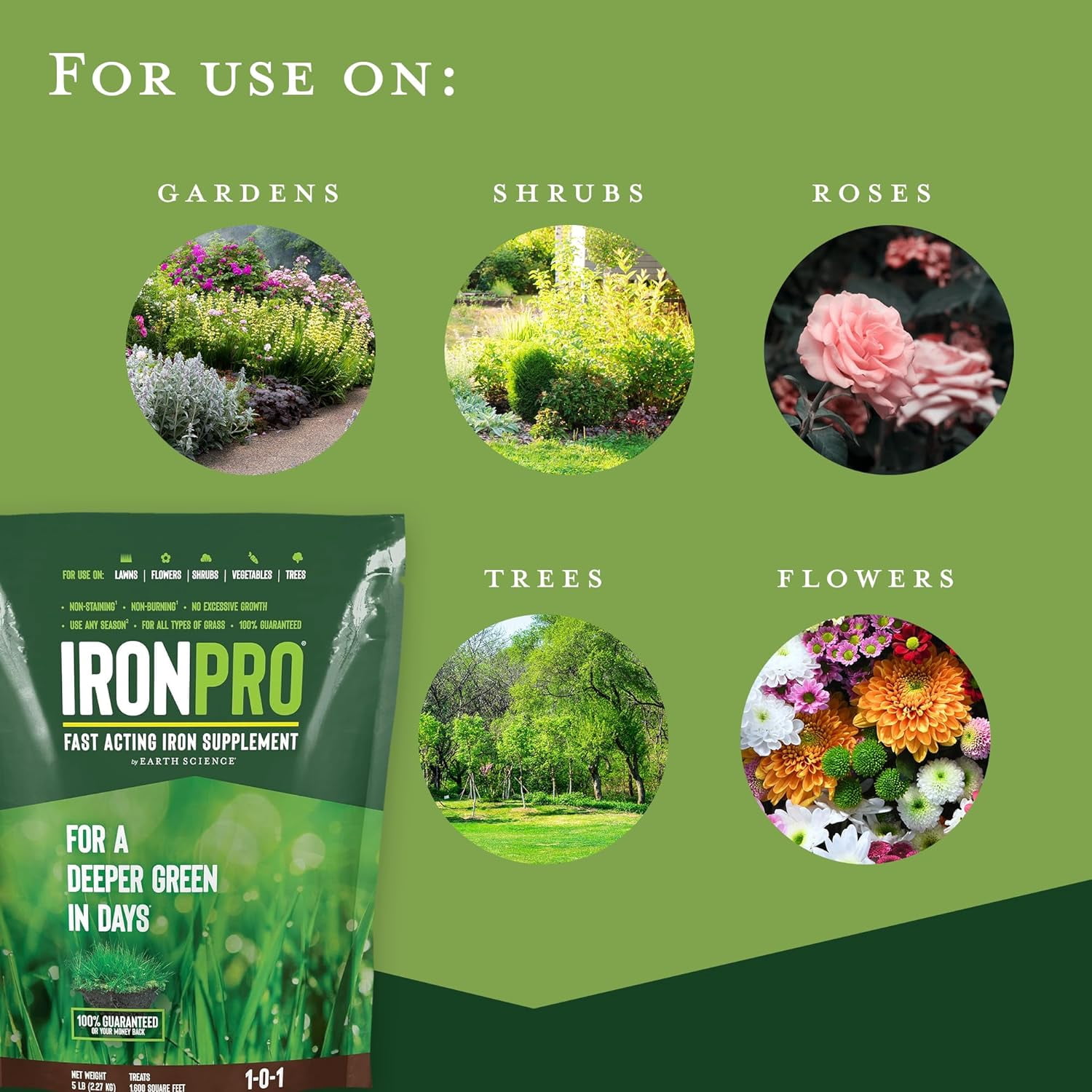 Earth Science IronPro Fast Acting Iron Supplement, 15 lb, Deep Green Results In Days, Use on Lawns, Flowers, Vegetables, & Shrubs, Non-Staining & Non-Burning