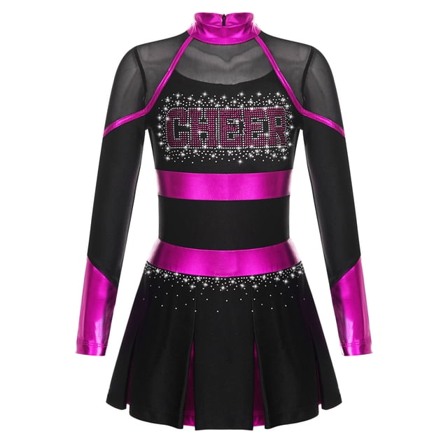 Kaerm Tenue d'Uniforme de Cheerleading pour Filles Enfants, Robe Plissée à Manches Longues avec Strass, Cosplay, Robe Fantaisie, Noir&Rose Vif 12