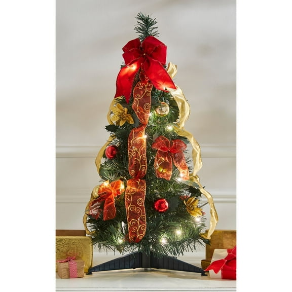 BrylaneHome 2 Ft Fully Decorated Pre-Lit Tabletop Pop-Up Christmas Tree with 30 Warm Lights & Included Stand, Collapsible, Easy Assembly
