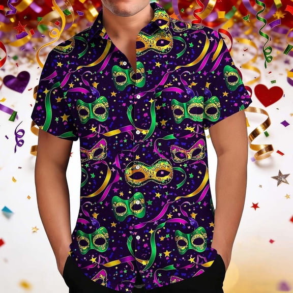 Men's Carnival Print T Shirt Short Sleeve Lapel Button Down Shirts Tops Hot Pink 3XL