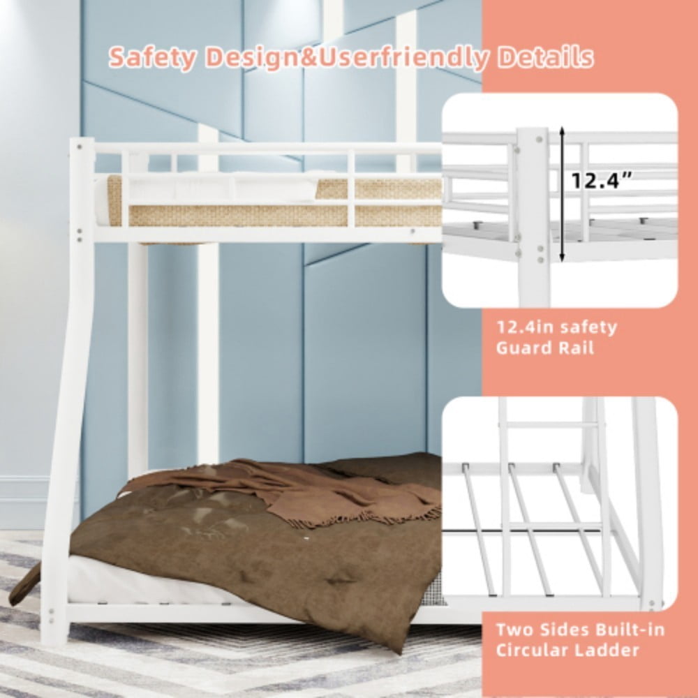 Twin Over Full Metal Bunk Bed, Heavy Duty Frame with Guardrails, Space-Saving Design, Twin & Full Mattress Compatible, Classic White