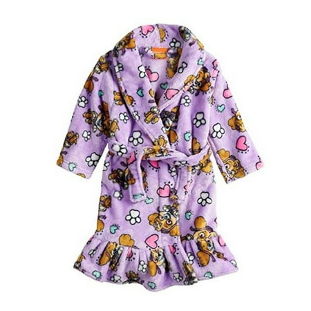 Girls Fleece Shawl Collar Robe - Nickelodeon Little Girls Purple Paw Patrol Print Shawl Collar Belted Robe