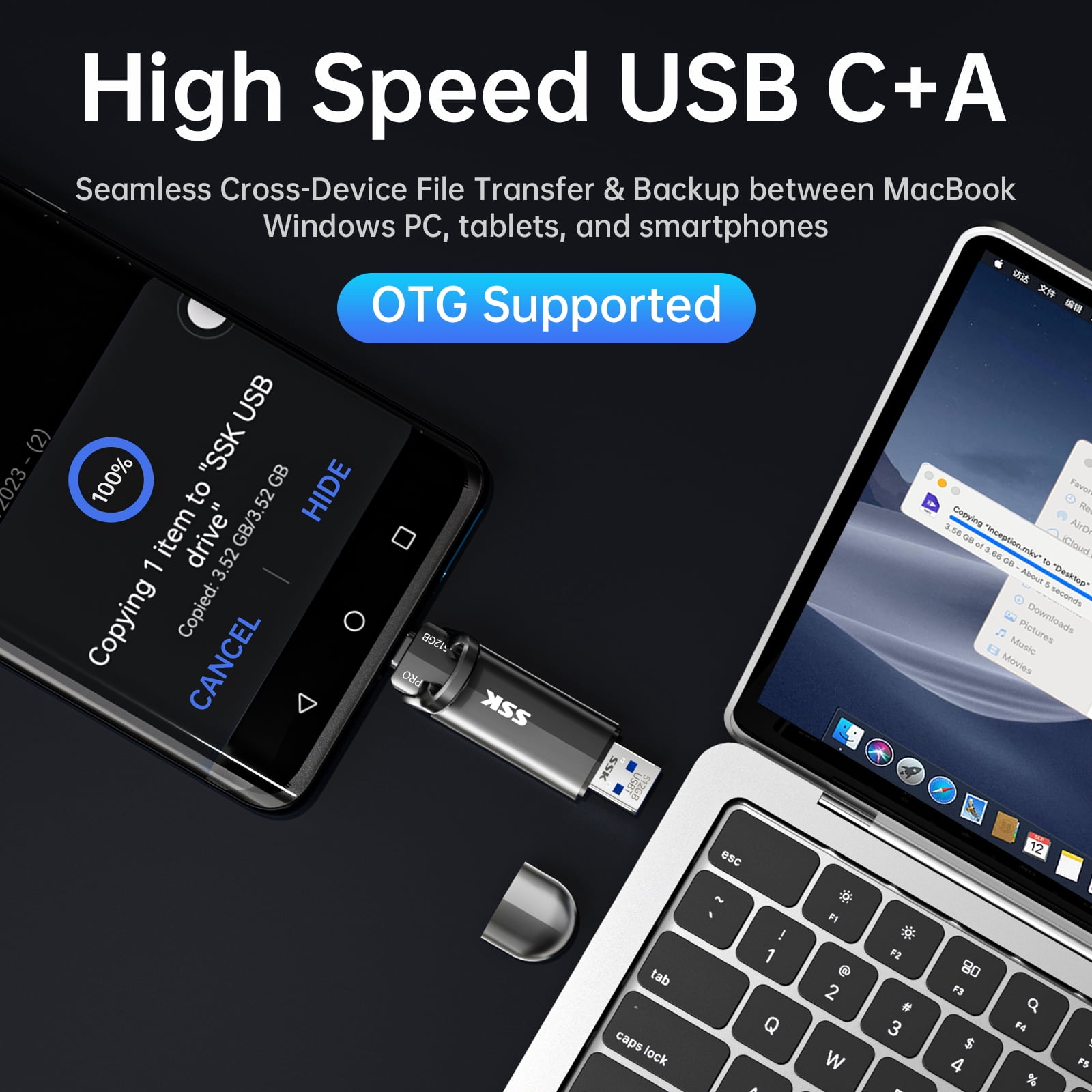SSK USB Flash Drive 512GB SSD External, TLC NAND Solid State Drive Dual USBC USBA Port, Up to 1000MB/s High-Speed Portable 512GB USB Thumb Drive Stick for iPhone 15/16/17 Pro, Mac, Android, PC Backup