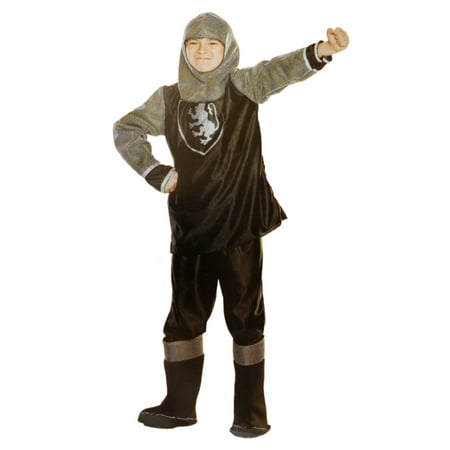 Boys Black Knight Medieval Halloween Costume Top, Pants, Hood & Boot Toppers L