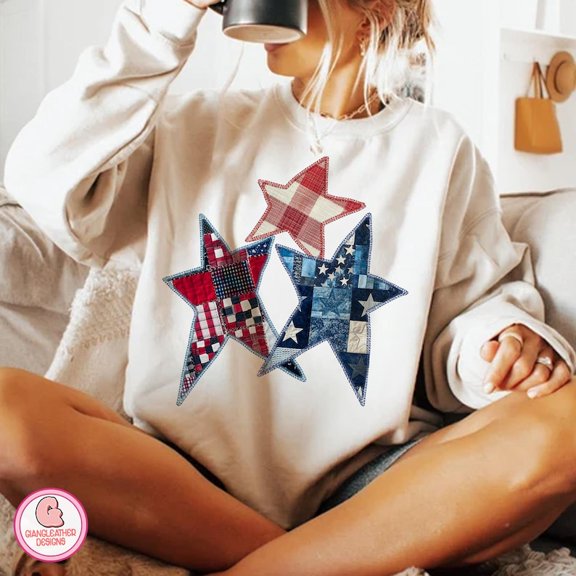Vintage Sparkly America Sweatshirt, Faux Embroidery Star Pullover, Independence Day Retro USA Crewneck