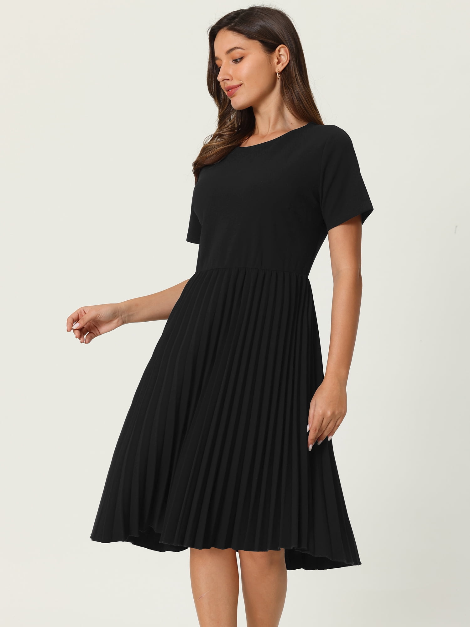 DARING DIVA Pleated Midi Short Sleeve A-Line Dress L Black