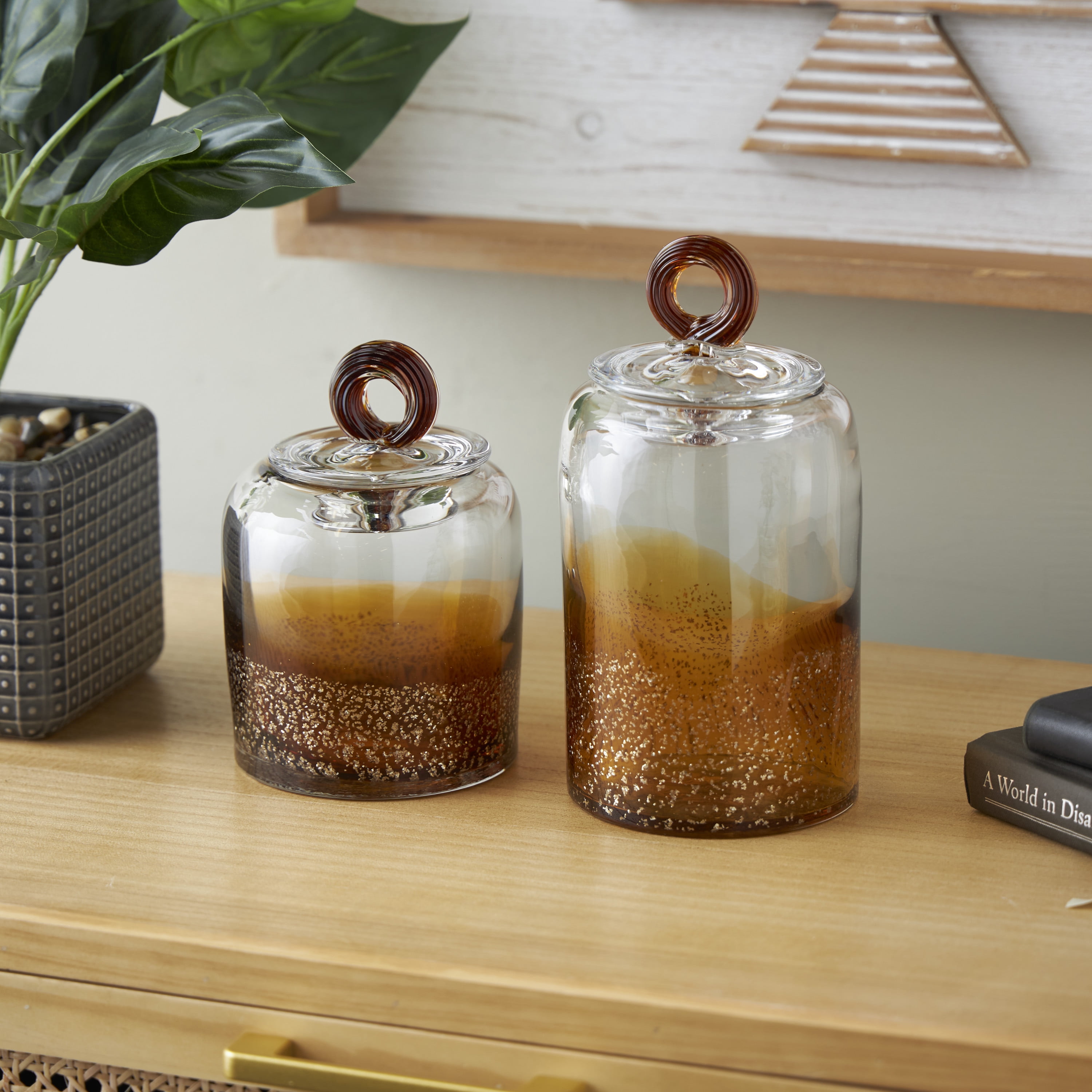 DecMode 9", 8"H Brown Glass Handmade Decorative Jars with Gold Flake Details and Ring Lids, 2-Pieces