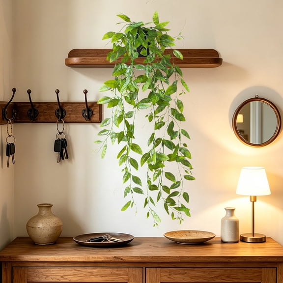 Hanging Artificial Pothos with Pot, Faux Trailing Green Vine Plant for Indoor Wall Shelf Home Decor