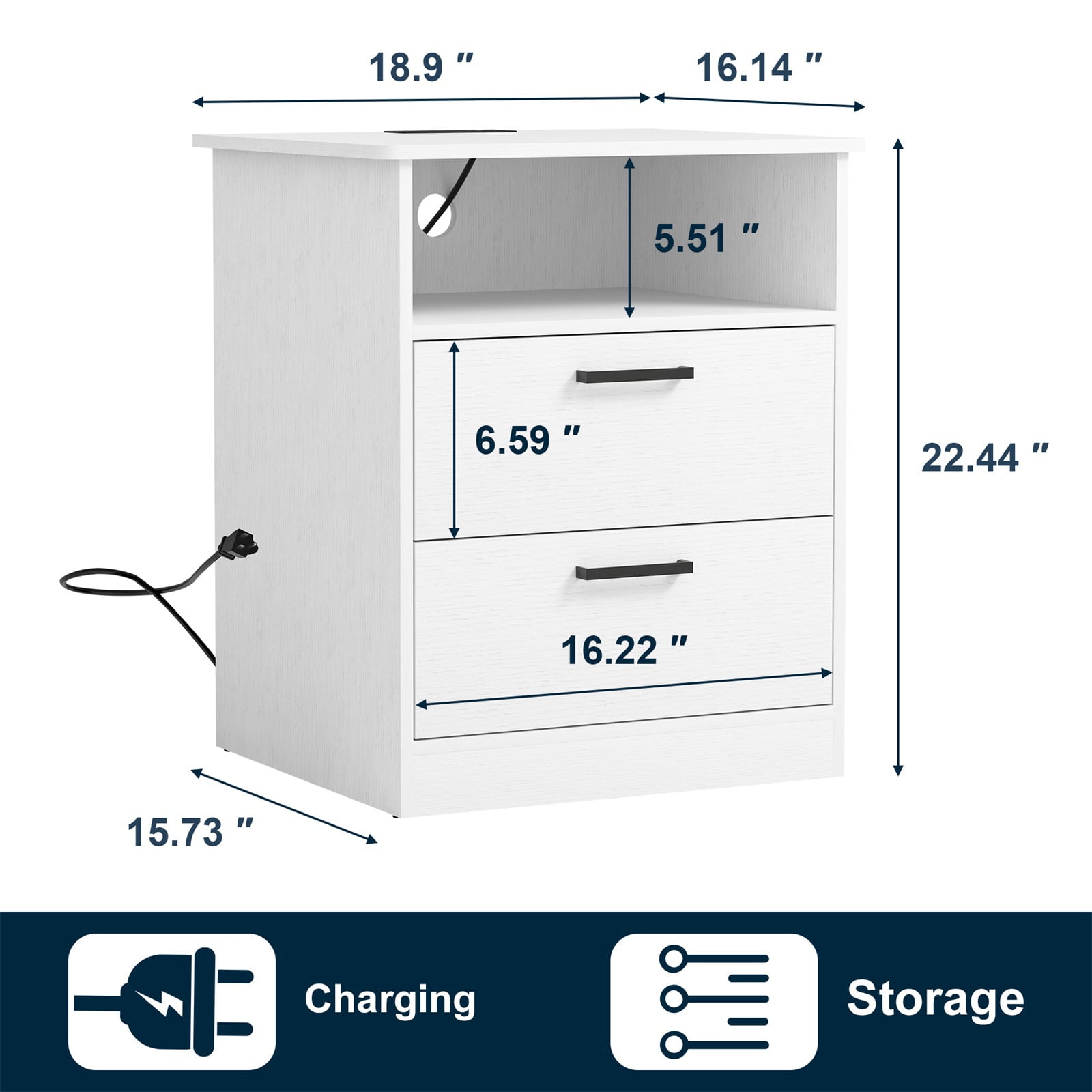 Hommoo 2 Drawer Nightstand Set with Open Storage, Bedside Tables with USB, White