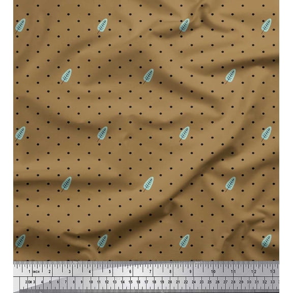 Soimoi Brown Cotton Voile Fabric Leaves & Dots Print Fabric by Yard 42 Inch Wide