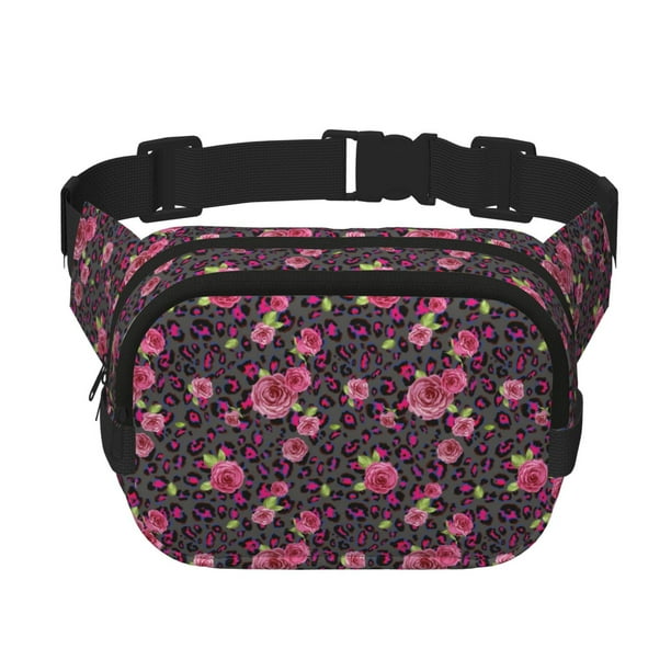 Fotbe Rose Mix Leopard 2 Cangurera Cuadrada con Estampado de Doble Capa, Bolsa de Cintura Ajustable Mini para Hombres y Mujeres