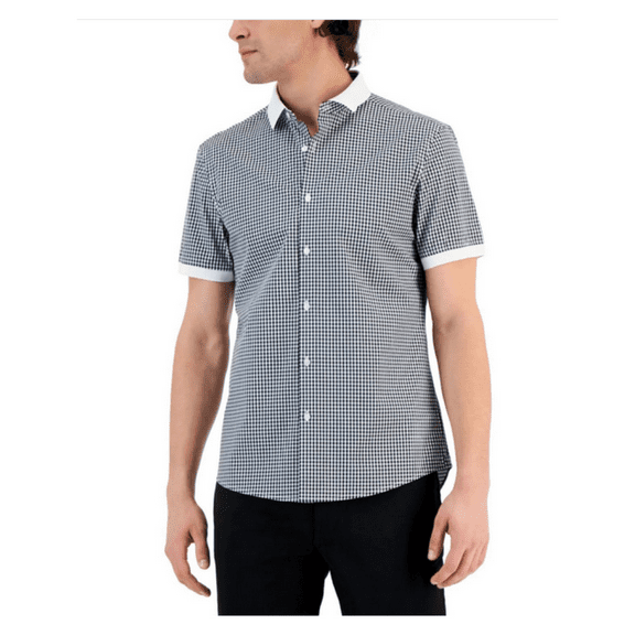 Michael Kors Men's Slim-Fit Short-Sleeve Gingham Shirt, Black, Sz M