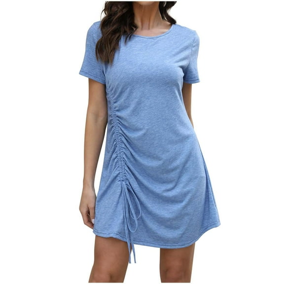 Sevevn Women's Short Sleeve Ruched Casual Summer Dress Bodycon Midi Dress Side Draw-String Dress Crew Neck Dresses
