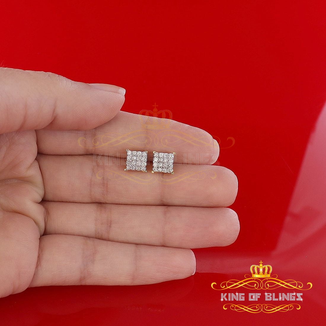 King of Bling's 10K Real Yellow Gold with 0.50 CT Diamond Square Stud Earring For Women And Men