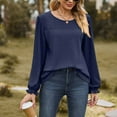 thumbnail image 2 of WREESH Womens Fashion Dressy Shirts Solid Color Knit Round Neck Long Sleeved Hollowed Out Patchwork Loose T-Shirt Pullover Navy, 2 of 4