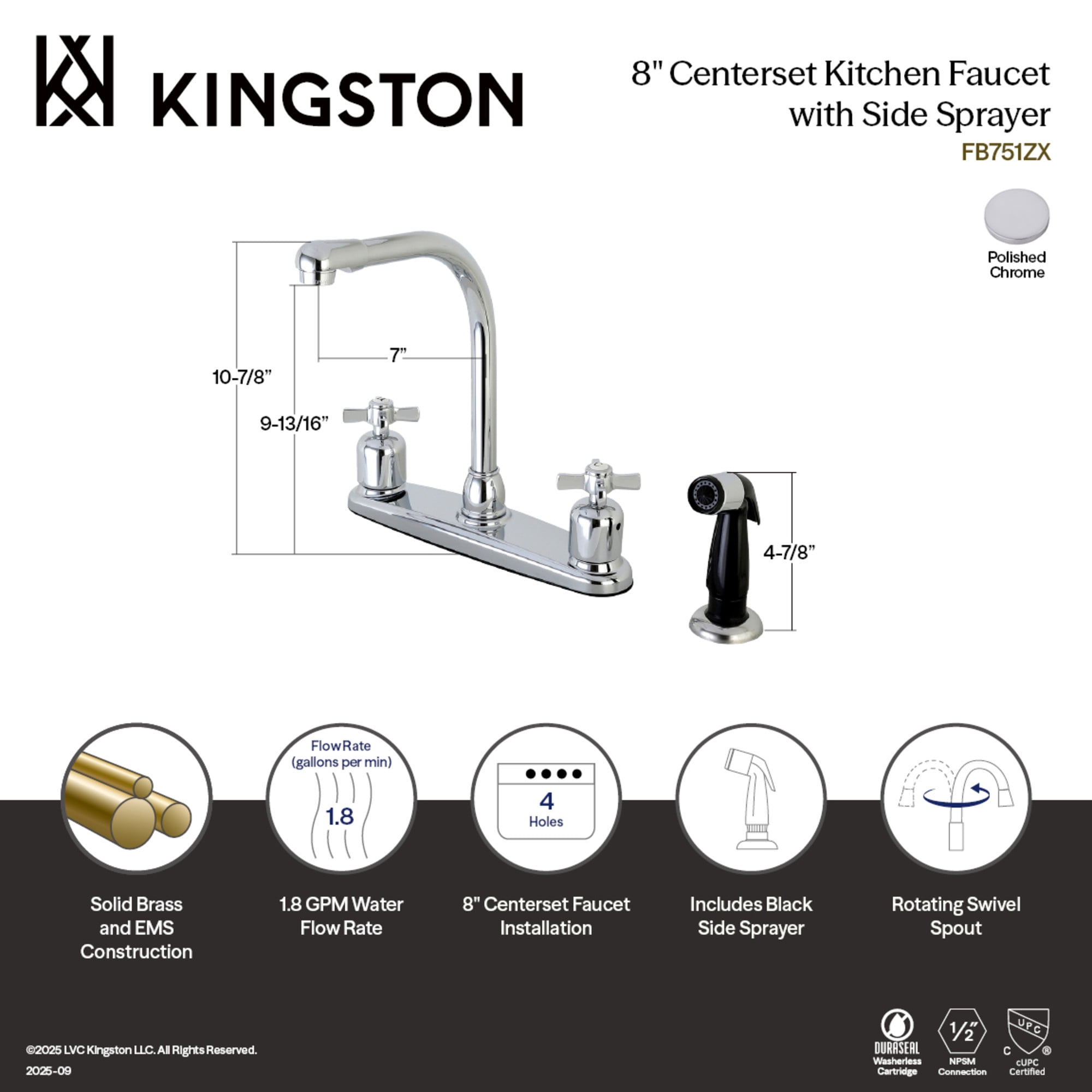 Kingston FB751ZX Millennium Two-Handle 4-Hole 8" Centerset Kitchen Faucet with Side Sprayer in Polished Chrome