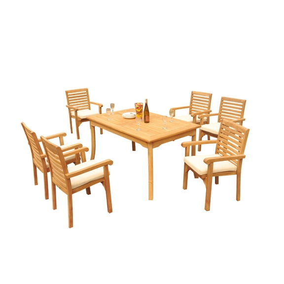 Grade-A Teak Dining Set: 6 Seater 7 Pc: 60" Rectangle Table And 6 Hari Stacking Arm Chairs Outdoor Patio WholesaleTeak #51HR1307