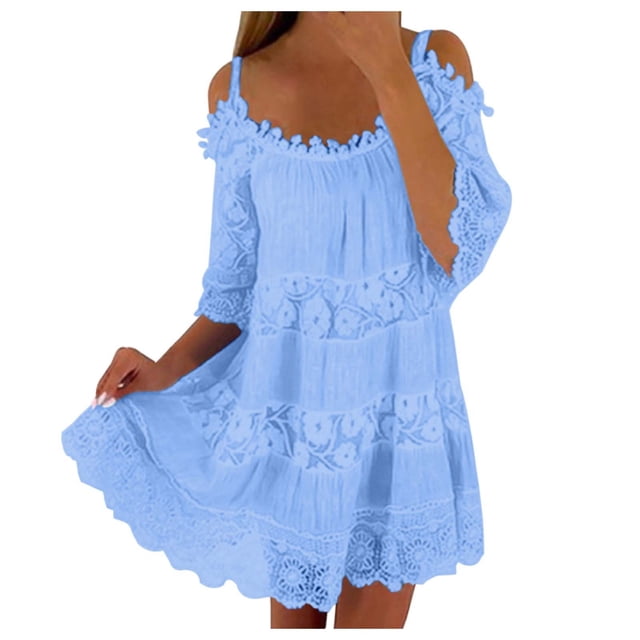 Vestido largo de encaje con hombros descubiertos para mujer: falda escalonada, mangas con volantes, elegante para bodas y fiestas