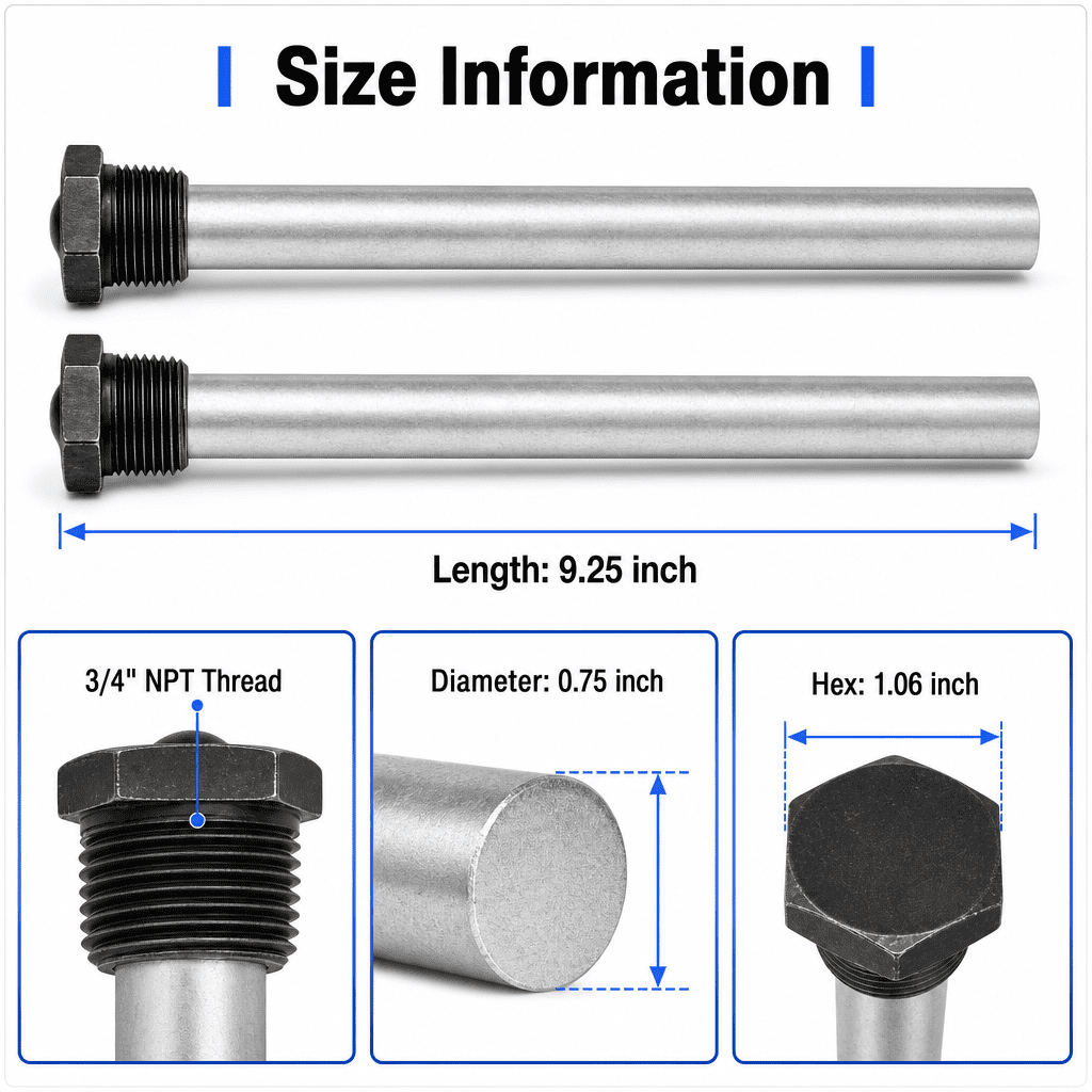 RV Water Heater Anode Rod Magnesium Sacrificial Rod Set for Camper Maintenance, 3/4-Inch NPT, Silver, 2-Pack