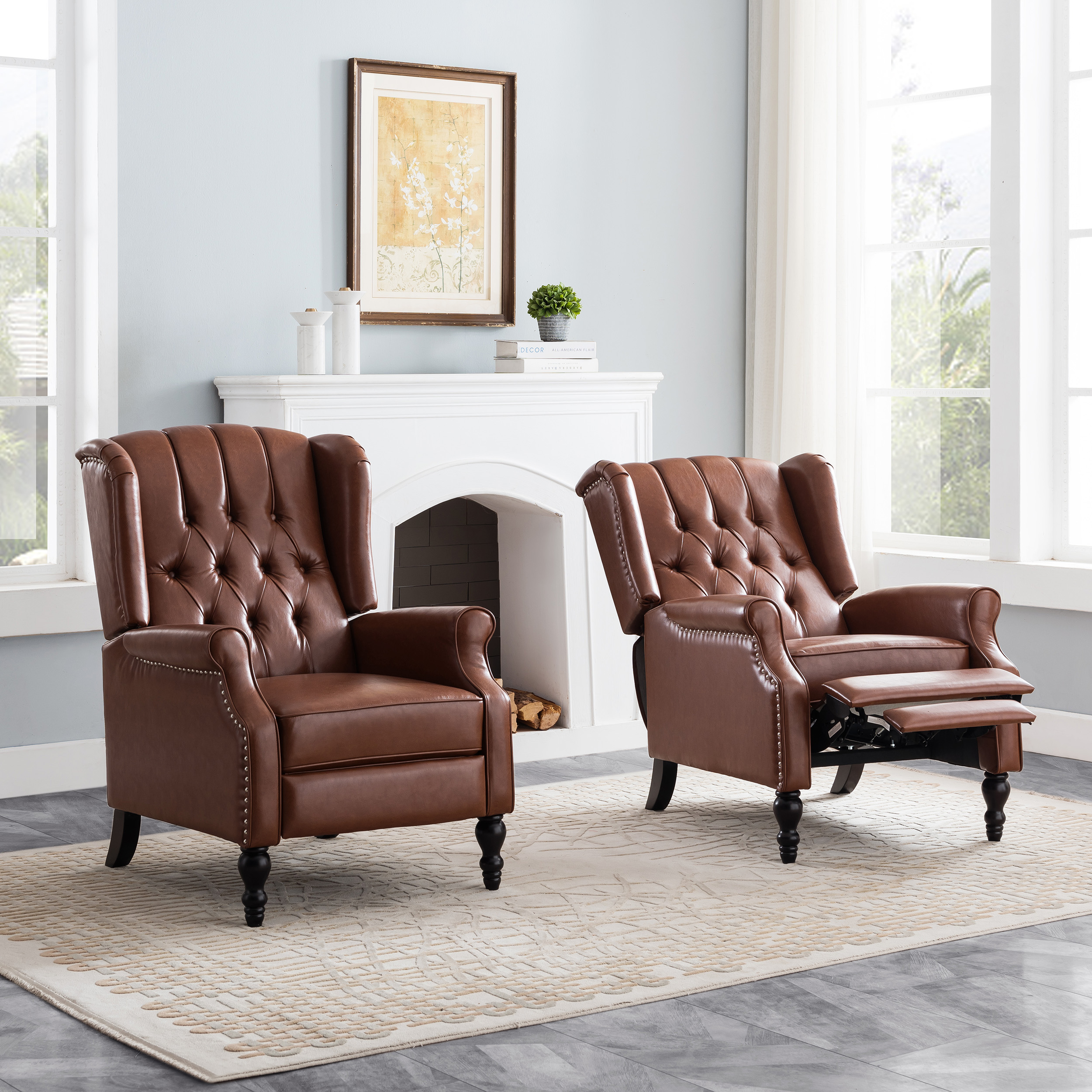 Noble House Bryce Faux Leather Recliners, Cognac, Dark Brown