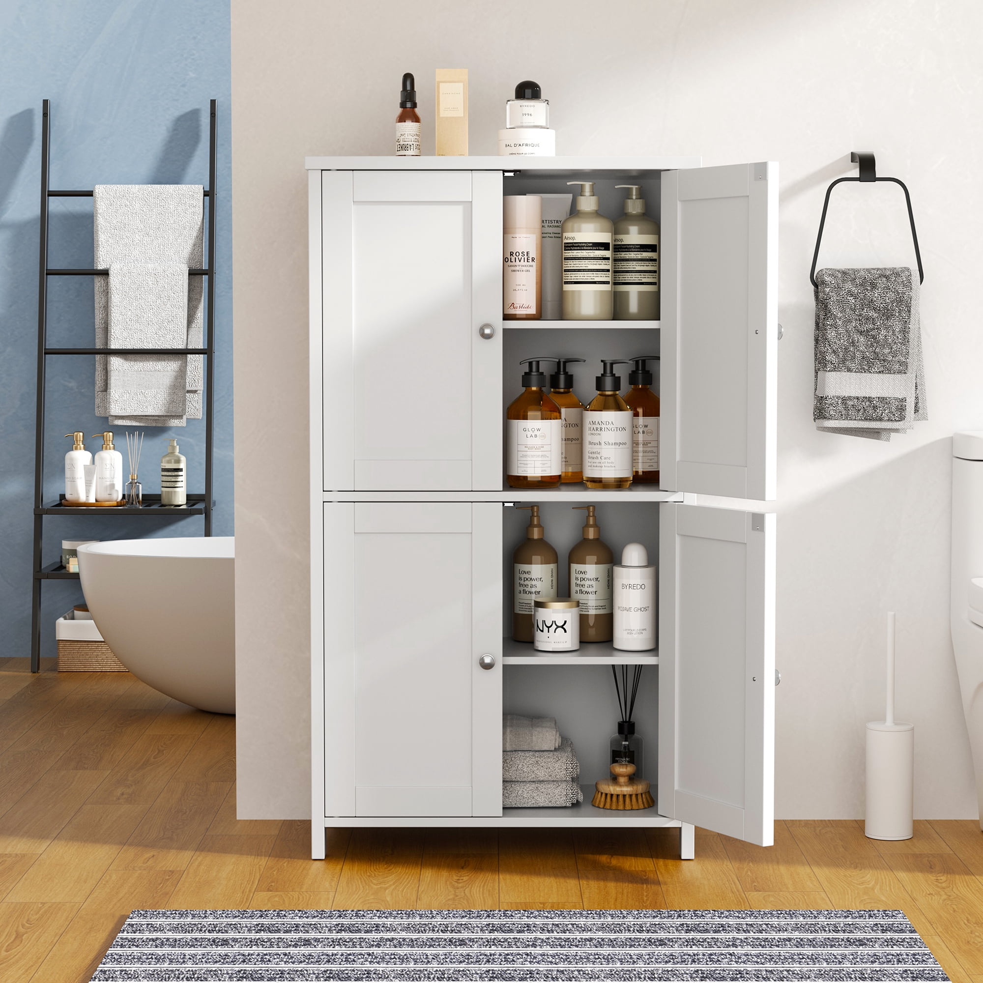Walsunny Freestanding Bathroom Floor Storage Adjustable Shelf with 4 Doors 43" Wooden Pantry Cabinet for Kitchen Small Spaces，White