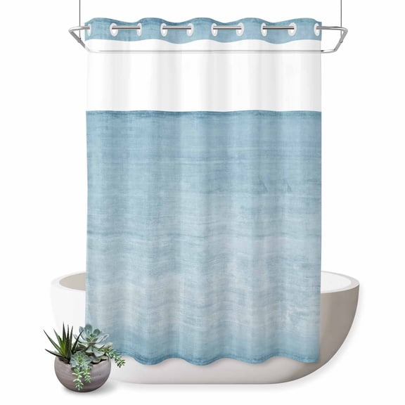 No Hook Shower Curtain, Vintage Light Blue Shower Curtains for Bathroom with See Through Top Window, Modern Abstract Retro Art Waterproof & Washable Bath Curtain Extra Long 72"x84"