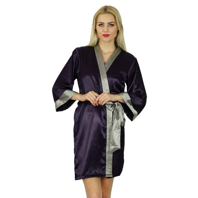 Bimba Women Short Classic Satin Robe Bride Bridesmaid Robe Kimono Sleeve Coverup