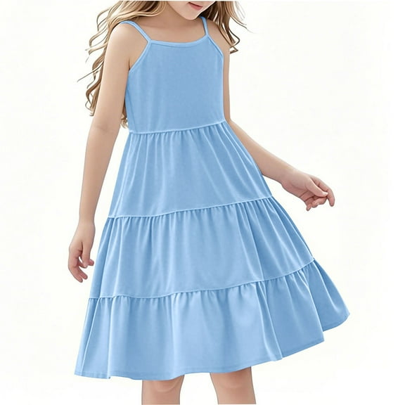 Mgmyaa Girls Sleeveless Summer Dress Kids Casual Crewneck Tank Dress Swing Spaghetti Straps Beach Midi Dress