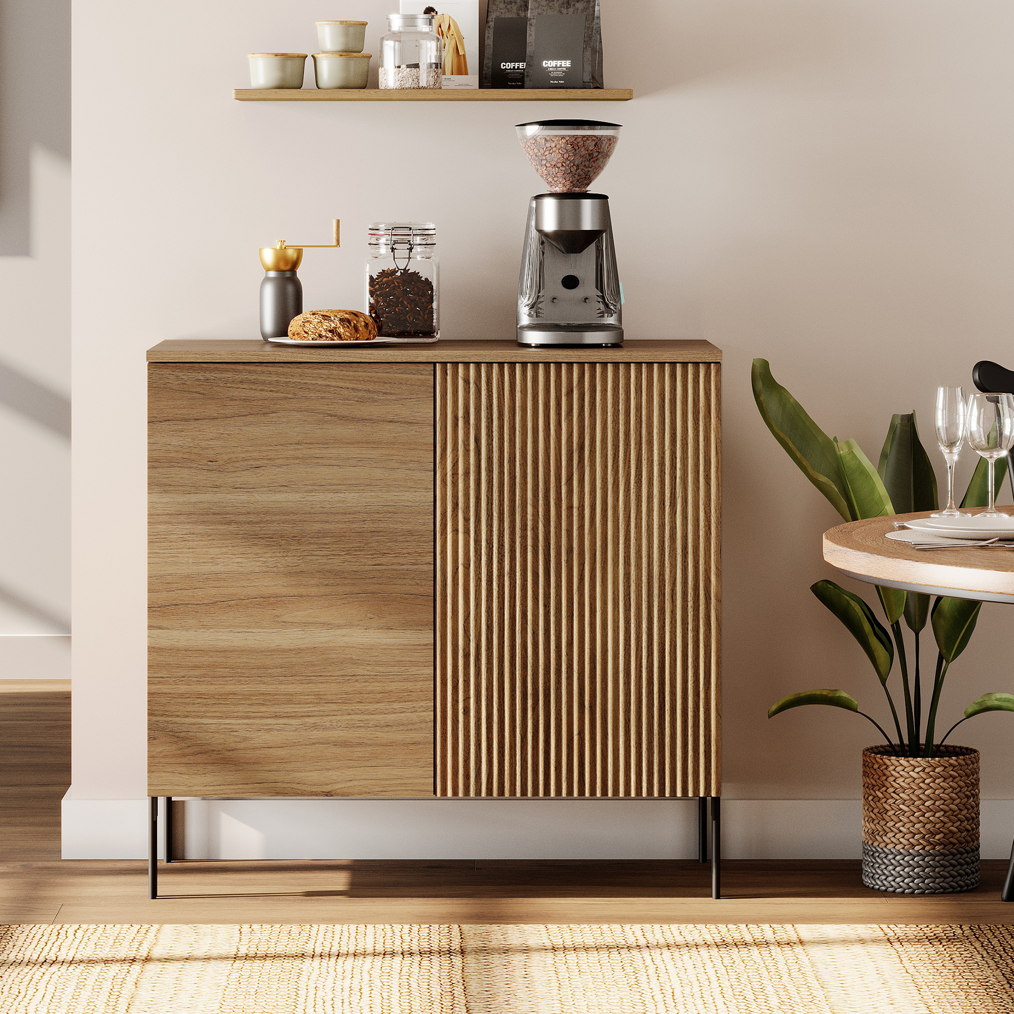 31.5" Wooden Reeded Sideboard with 2 Doors, Modern Credenza Storage Cabinet for Kitchen, Dining Room