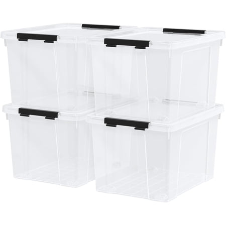 Plastic Storage Containers with Secure Latching Lids Stackable Organization Bins 50 Quart Set of 4 Clear