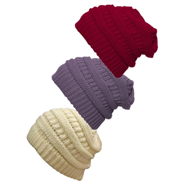 Women's 3-Pack Knit Beanie Cap Hat - Ivory/Red/Violet