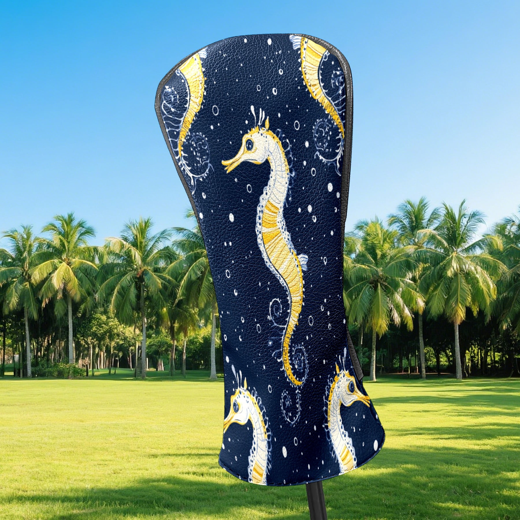 Golf Club Covers PU Leather Waterproof Head Covers for Fairway Woods Hybrids Golden Seahorse