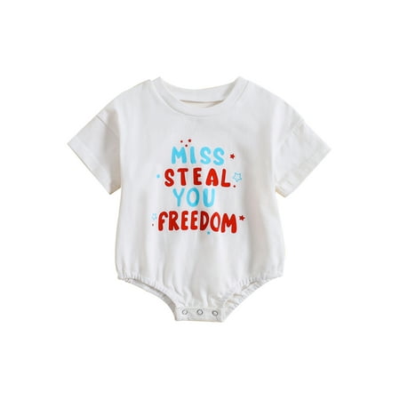 

Thaisu Baby 4th of July Romper Short Sleeve Crew Neck Star Letter Print Newborn Bodysuit 0-24 Months