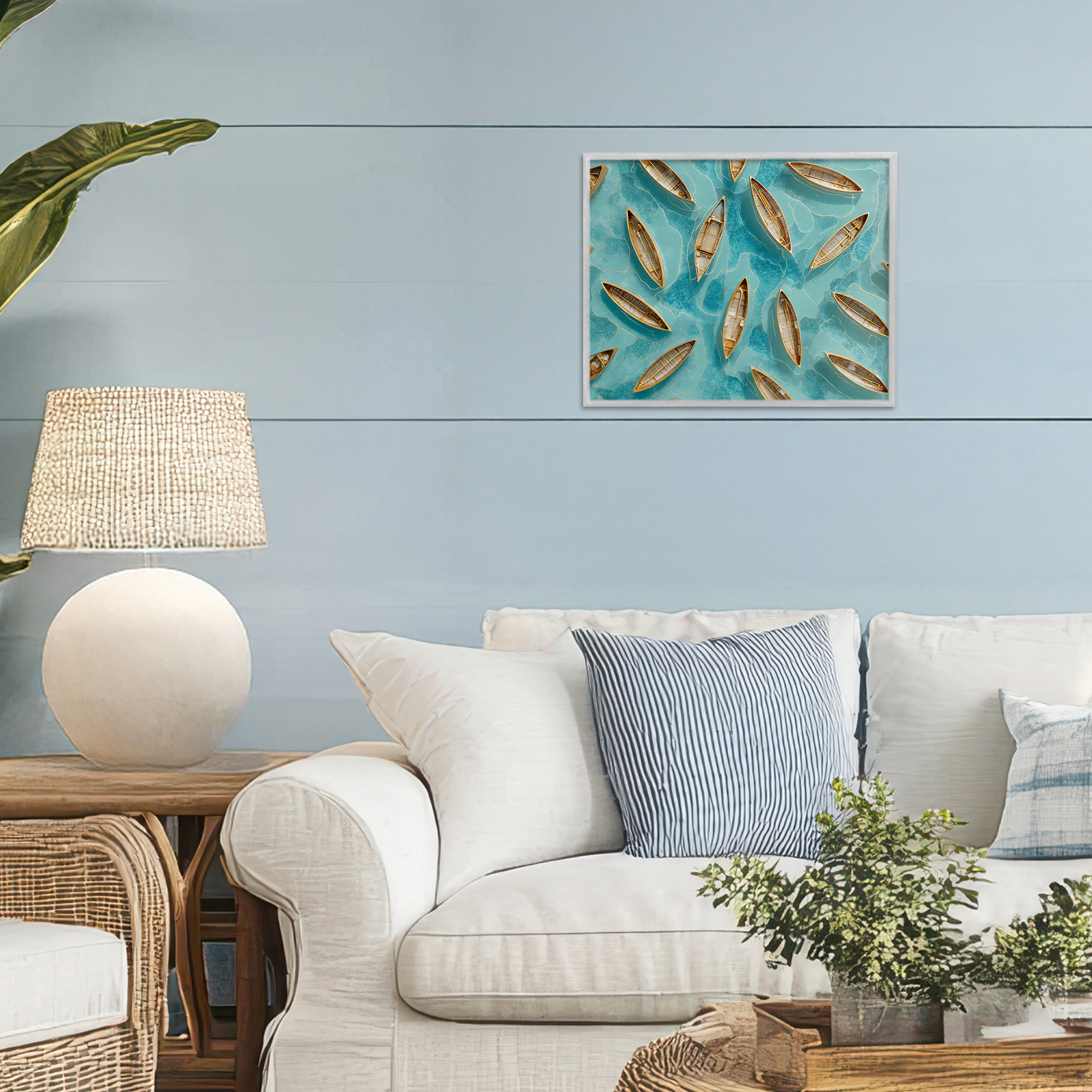 Harmonious Canoes on Water Gray Framed Giclee Art, design by Franklyn Gregory