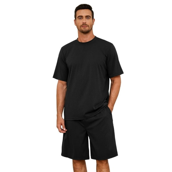VULCANODON Mens Pajama Set, Short Sleeved Pajamas Set for Men Lounge Sleepwear with Pockets (Black, L)
