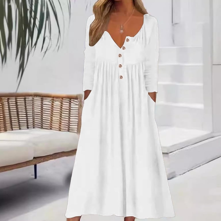 SMihono Deals Women's Boho Solid Long Sleeve Maxi Dress Button Up Casual  Loose Henley Neck Spring Vacation Dresses with Pockets White 4 - Walmart.com