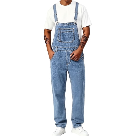 Migroa Men's Denim Bib Overall Jean Romper Trousers Adjustable Strap Workwear Slim Fit Jumpsuit And Convenient Tool Pockets Blue L