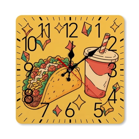 RKSupls 10×10inch Square Silent Wall Clock Wooden Frame, Taco And Soda Illustration Scale Decorative Clock for Home Bedroom Living Room Office