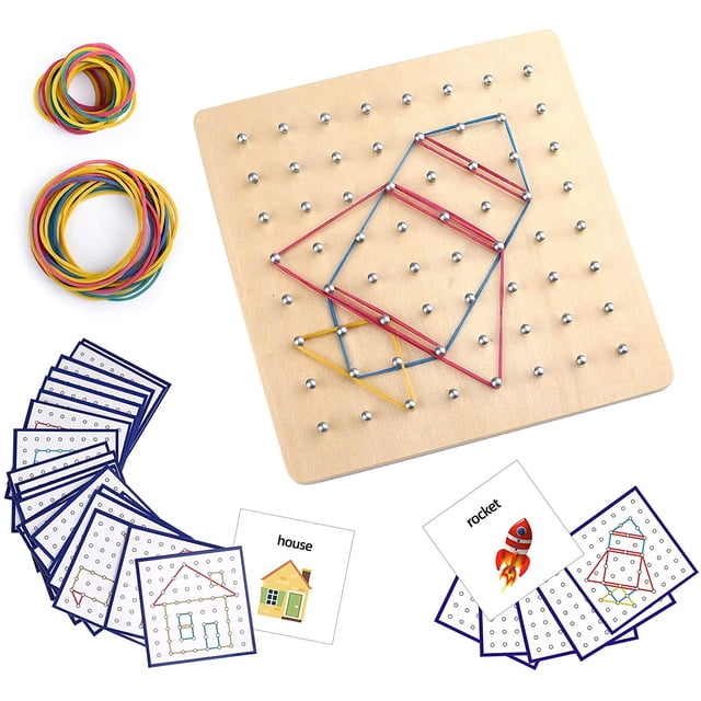 Thoth Montessori Geoboard de madera Matriz de materiales manipulativos matemáticos Bloque Geo tablero con 36Pcs Tarjetas de patrón y bandas de goma Matriz 8x8 para niños Juguetes educativos gráficos J