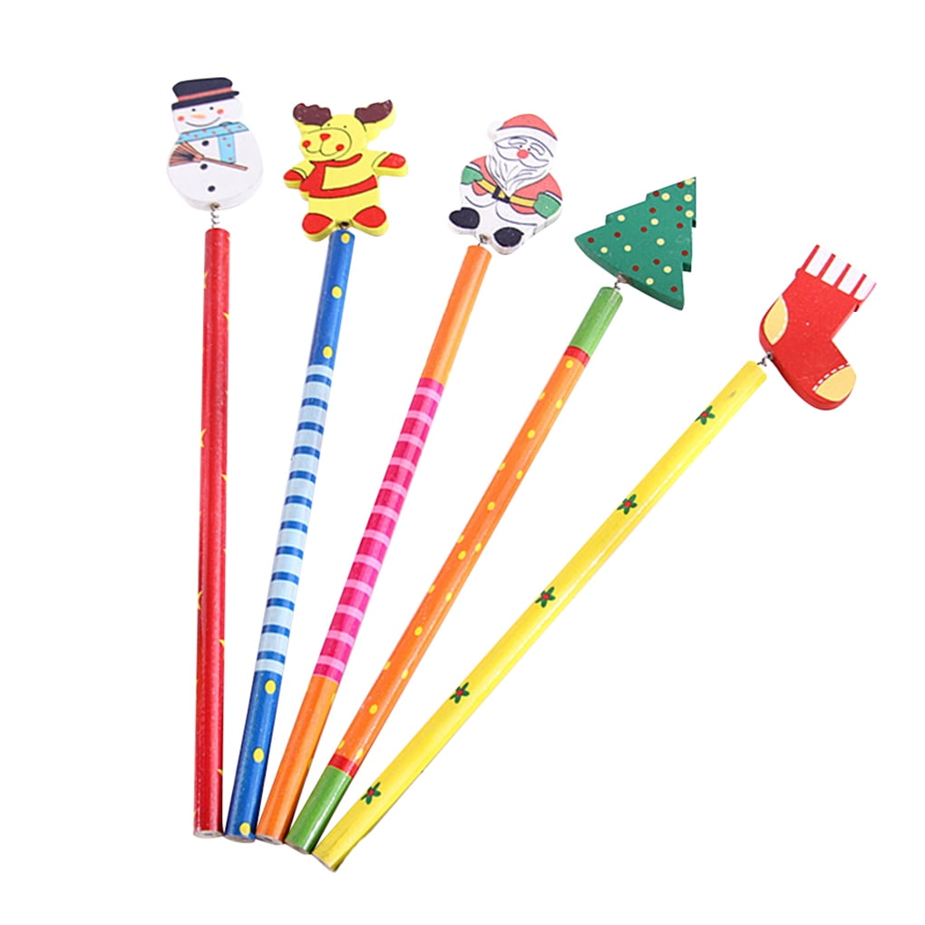 5pcs Writing Pen Wooden Pencil Christmas Tree Snowman Sock Bell Old Man Student Office Stationery