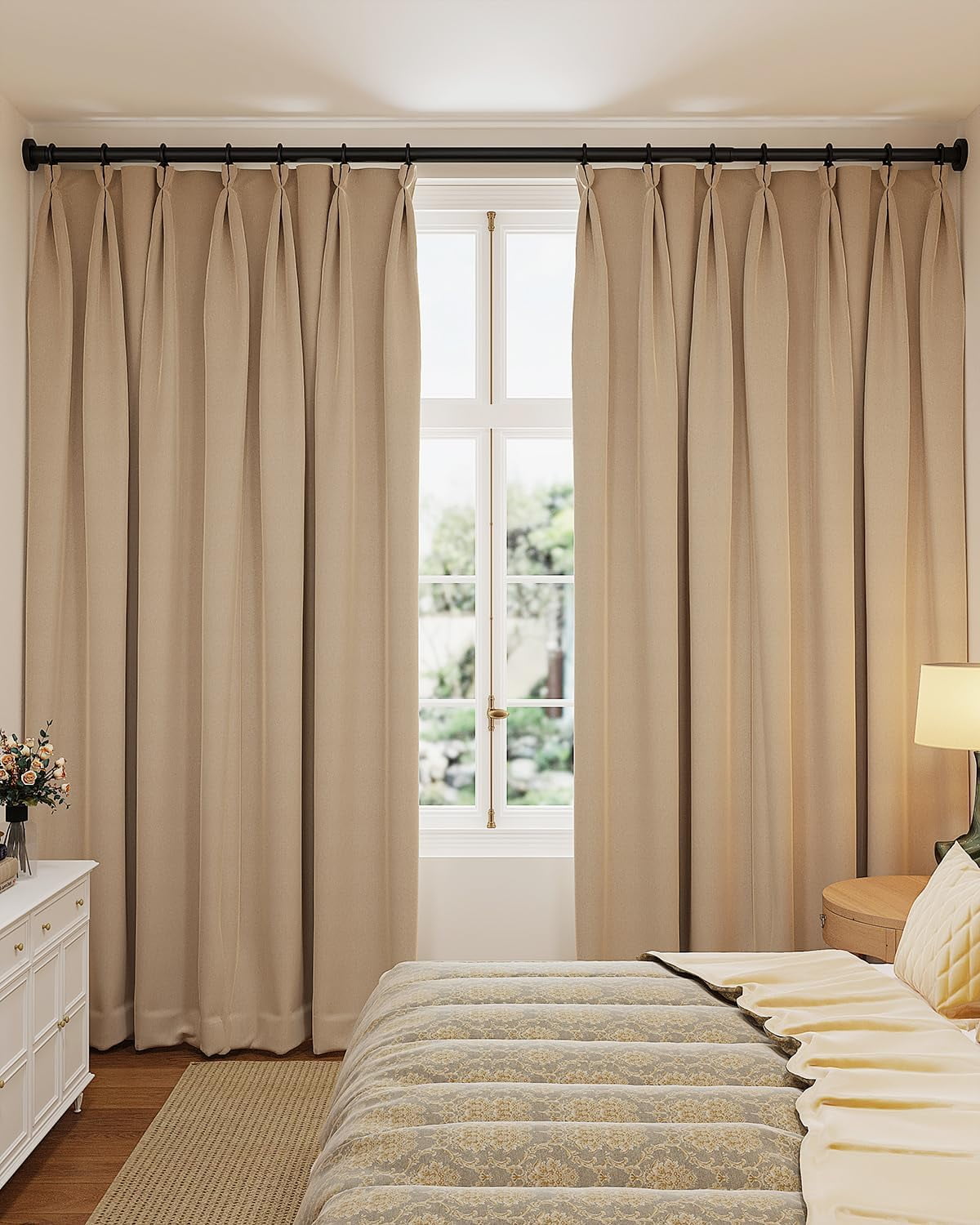 Adjustable tension curtain rods no drilling, heavy duty 66 to 120 inches, black, for patio, bedroom, living room, outdoor curtains, window treatments