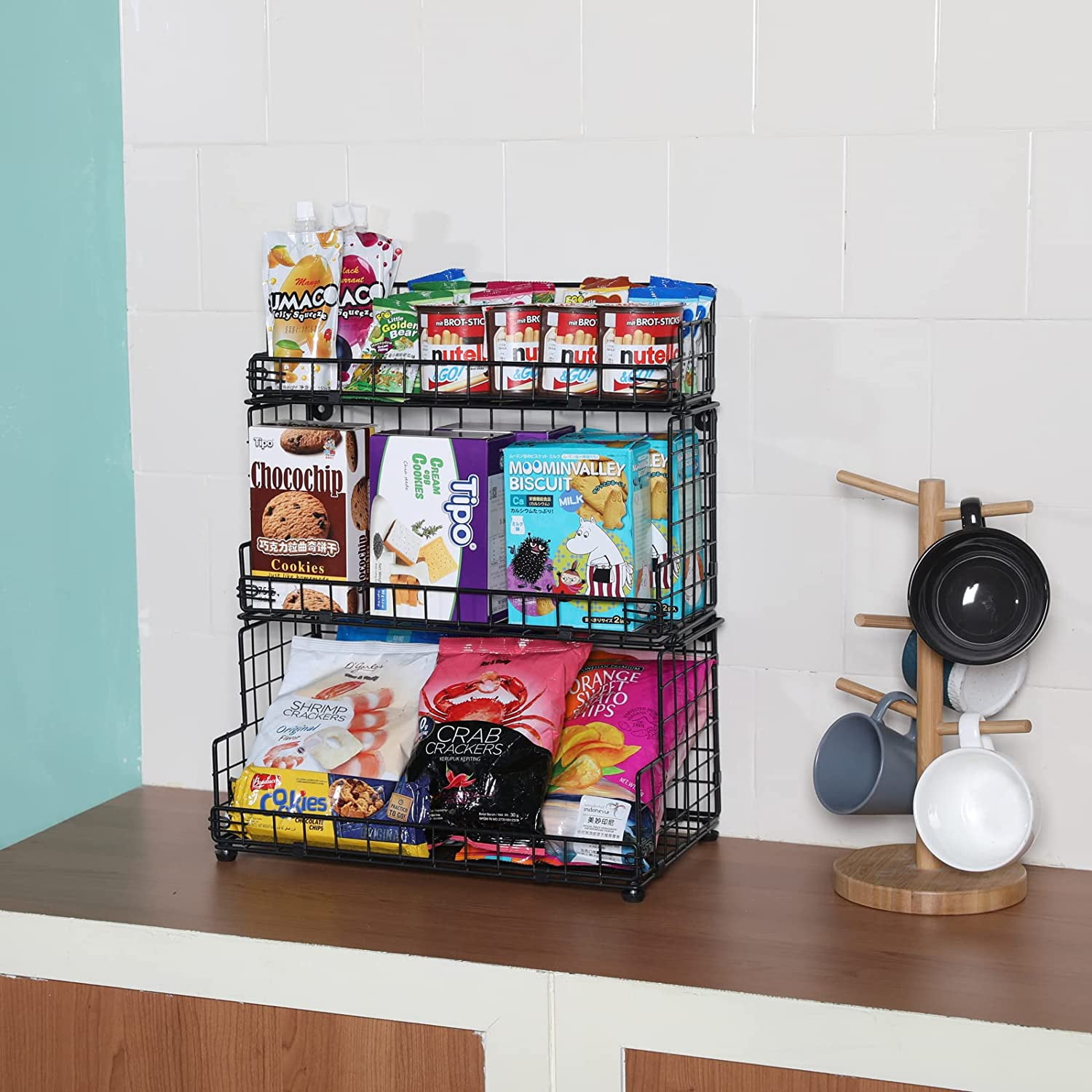 X-COSRACK 3-Tier Stackable Wire Basket, Foldable Metal Storage Bin for Kitchen Pantry & Countertop, Wall Mounted Fruit and Vegetable Organizer for Onion Potato Snacks, Black
