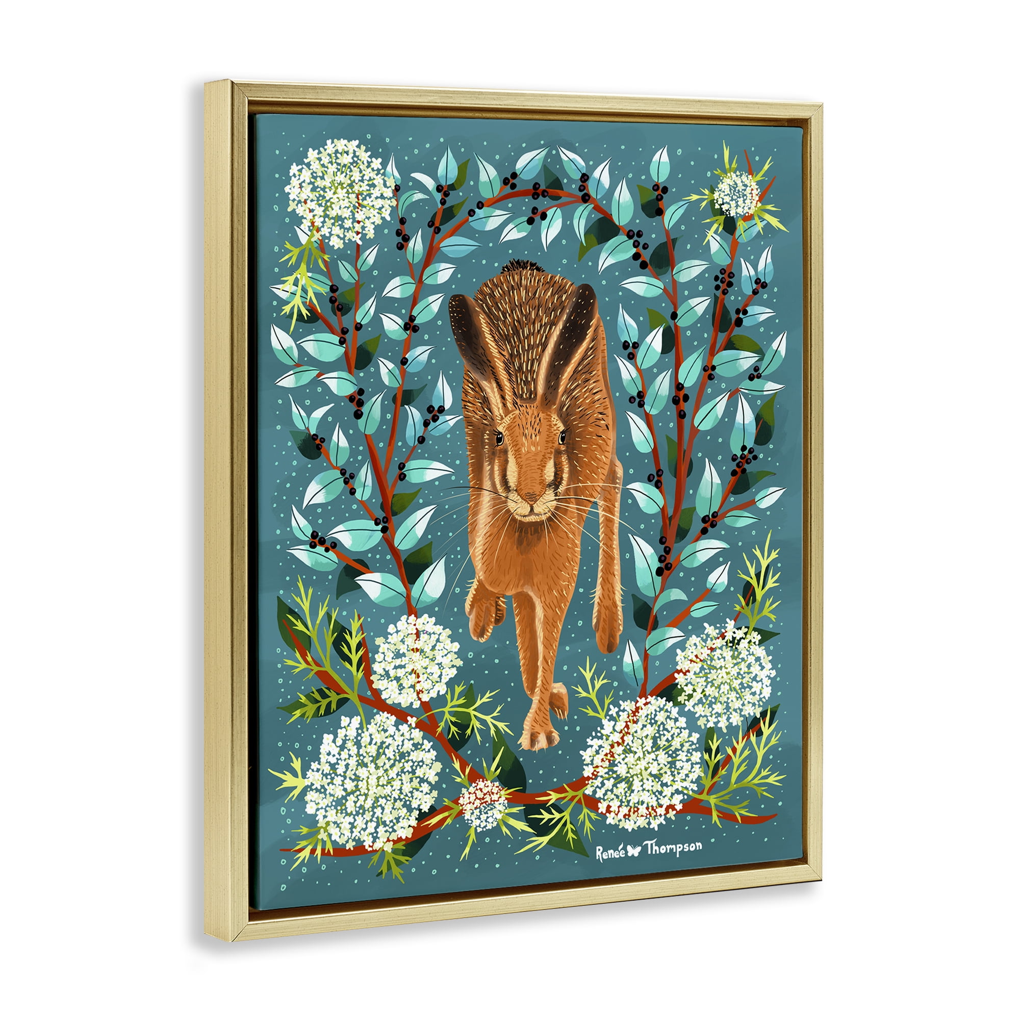 Stupell Industries Hare & Huckleberries Animals Painting Gold Floater Framed Canvas Art Print Wall Art, 25 x 31