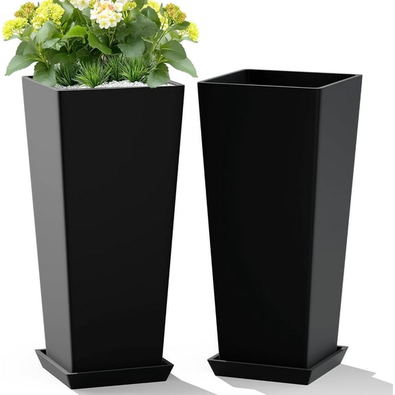 Set of 2 Large Tall 24" Planters with Tray, Black Tapered Flower Pots for Indoor Outdoor Plants, Decorative Planters for Porch, Patio, Backyard