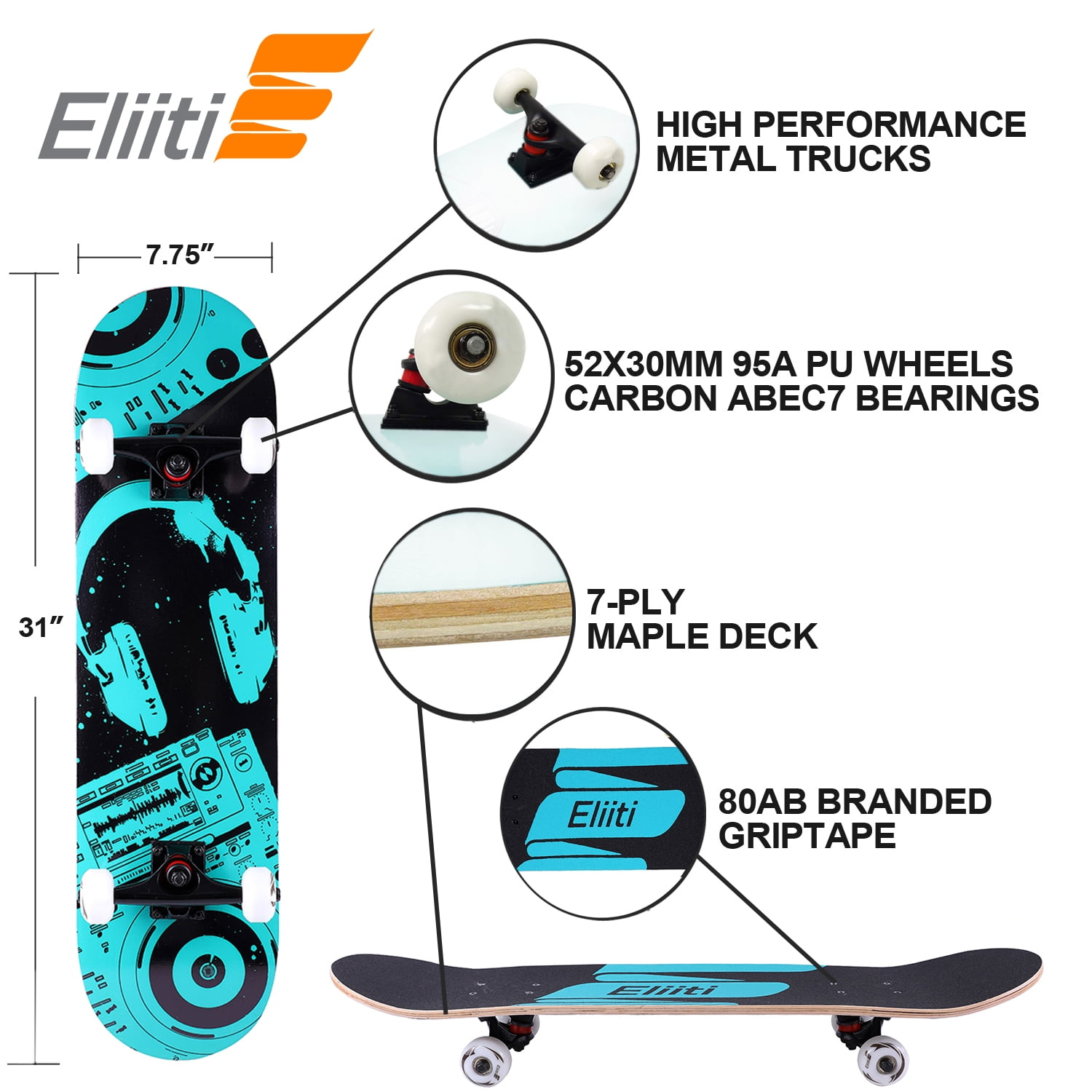 Complete Skateboard 71cm Maple Deck Skateboard with Flat Angle PU Wheel for Children Adult Youth Kids Teenager